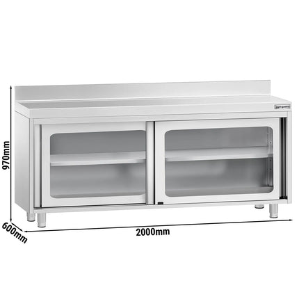 GGM Gastro Stainless Steel Floor Cupboard PREMIUM - 2000x600mm - with Glass Sliding Doors & Upstand