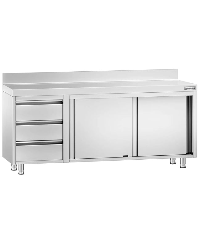 GGM Gastro Stainless Steel Floor Cupboard PREMIUM - 2000x600mm - with Sliding Doors, with 3 Drawers left & Upstand