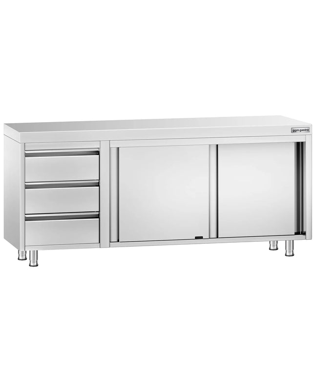 GGM Gastro Stainless Steel Floor Cupboard PREMIUM - 2000x600mm - with Sliding Doors - with 3 Drawers left