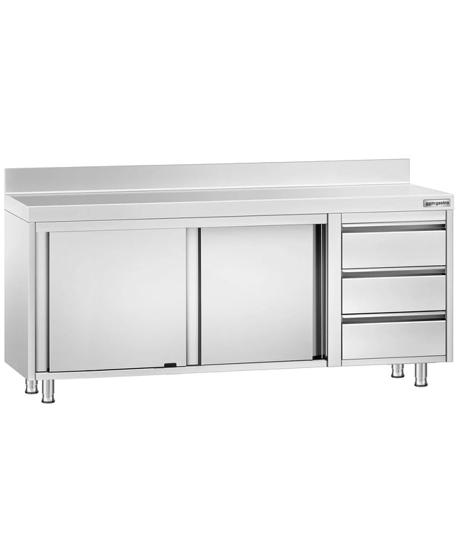 GGM Gastro Stainless Steel Floor Cupboard PREMIUM - 2000x600mm - with Sliding Doors - with 3 Drawers right & Upstand