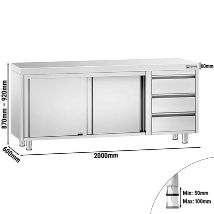 GGM Gastro Stainless Steel Floor Cupboard PREMIUM - 2000x600mm - with Sliding Doors with 3 Drawers right