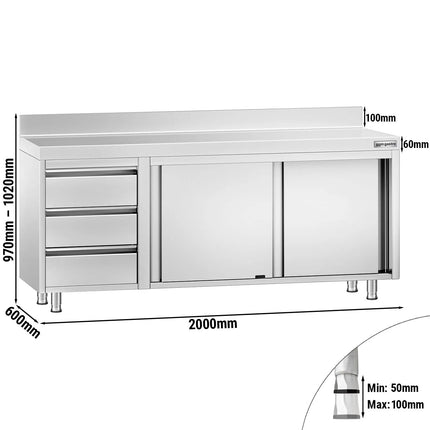 GGM Gastro Stainless Steel Floor Cupboard PREMIUM - 2000x600mm - with Sliding Doors, with 3 Drawers left & Upstand
