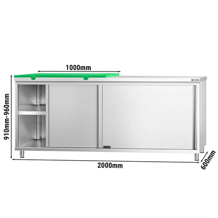 GGM Gastro Stainless Steel Floor Cupboard PREMIUM - 2000x600mm - with Sliding Doors - incl. Chopping Board Green