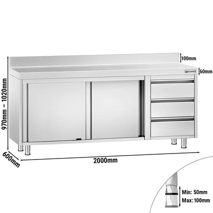 GGM Gastro Stainless Steel Floor Cupboard PREMIUM - 2000x600mm - with Sliding Doors - with 3 Drawers right & Upstand