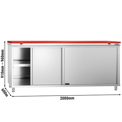 GGM Gastro Stainless Steel Floor Cupboard PREMIUM - 2000x600mm - with Sliding Doors - incl. Chopping Board Red