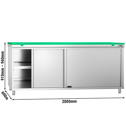 GGM Gastro Stainless Steel Floor Cupboard PREMIUM - 2000x600mm - with Sliding Doors - incl. Chopping Board Green