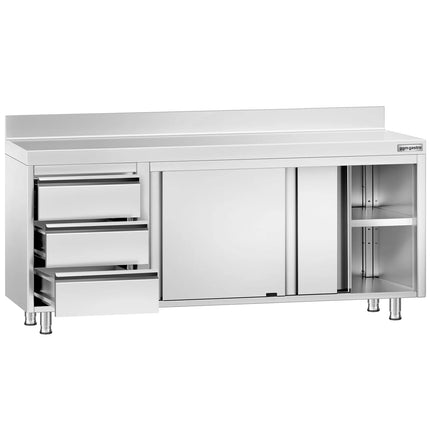 GGM Gastro Stainless Steel Floor Cupboard PREMIUM - 2000x600mm - with Sliding Doors, with 3 Drawers left & Upstand