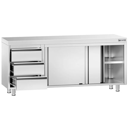 GGM Gastro Stainless Steel Floor Cupboard PREMIUM - 2000x600mm - with Sliding Doors - with 3 Drawers left