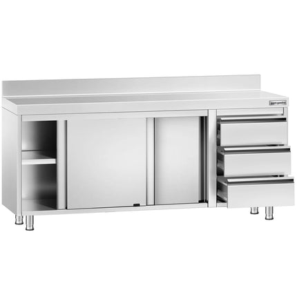GGM Gastro Stainless Steel Floor Cupboard PREMIUM - 2000x600mm - with Sliding Doors - with 3 Drawers right & Upstand