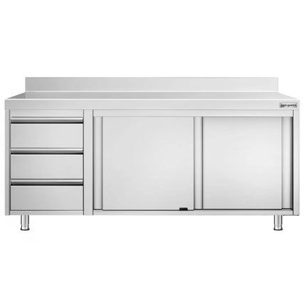 GGM Gastro Stainless Steel Floor Cupboard PREMIUM - 2000x600mm - with Sliding Doors, with 3 Drawers left & Upstand