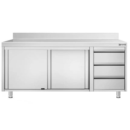 GGM Gastro Stainless Steel Floor Cupboard PREMIUM - 2000x600mm - with Sliding Doors - with 3 Drawers right & Upstand