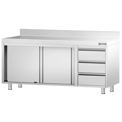 GGM Gastro Stainless Steel Floor Cupboard PREMIUM - 2000x600mm - with Sliding Doors - with 3 Drawers right & Upstand