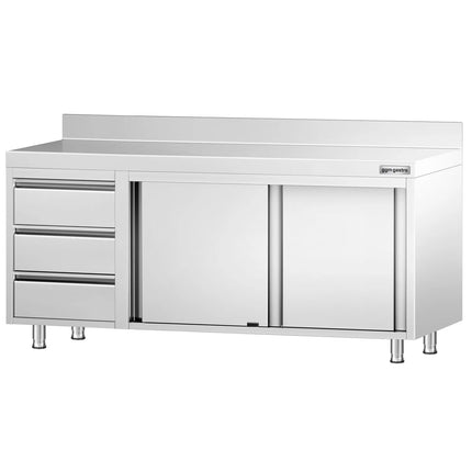GGM Gastro Stainless Steel Floor Cupboard PREMIUM - 2000x600mm - with Sliding Doors, with 3 Drawers left & Upstand