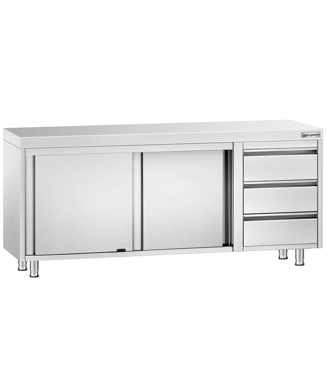 GGM Gastro Stainless Steel Floor Cupboard PREMIUM - 2000x700mm - with Sliding Doors - with 3 Drawers right