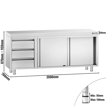 GGM Gastro Stainless Steel Floor Cupboard PREMIUM - 2000x700mm - with Sliding Doors with 3 Drawers left