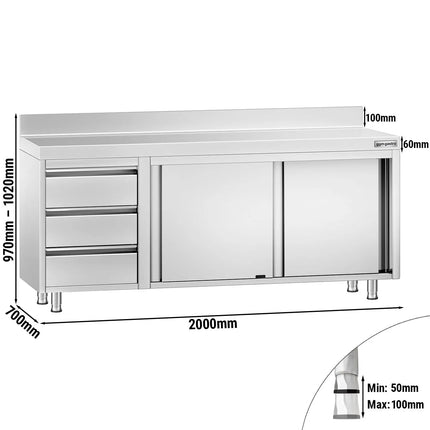 GGM Gastro Stainless Steel Floor Cupboard PREMIUM - 2000x700mm - with Sliding Doors - with 3 Drawers left & Upstand