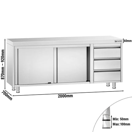 GGM Gastro Stainless Steel Floor Cupboard PREMIUM - 2000x700mm - with Sliding Doors - with 3 Drawers right