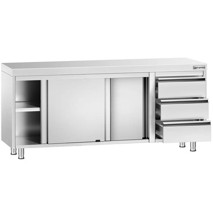 GGM Gastro Stainless Steel Floor Cupboard PREMIUM - 2000x700mm - with Sliding Doors - with 3 Drawers right
