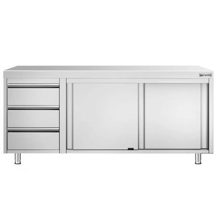 GGM Gastro Stainless Steel Floor Cupboard PREMIUM - 2000x700mm - with Sliding Doors with 3 Drawers left
