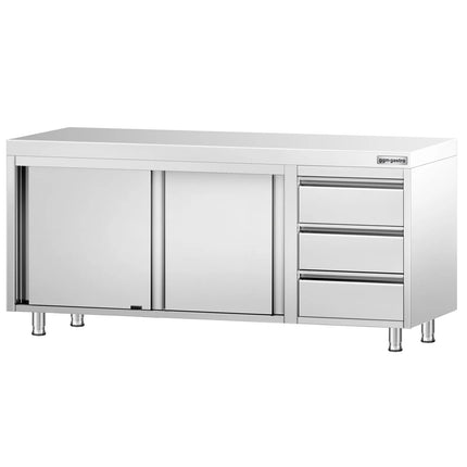 GGM Gastro Stainless Steel Floor Cupboard PREMIUM - 2000x700mm - with Sliding Doors - with 3 Drawers right