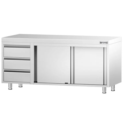 GGM Gastro Stainless Steel Floor Cupboard PREMIUM - 2000x700mm - with Sliding Doors with 3 Drawers left