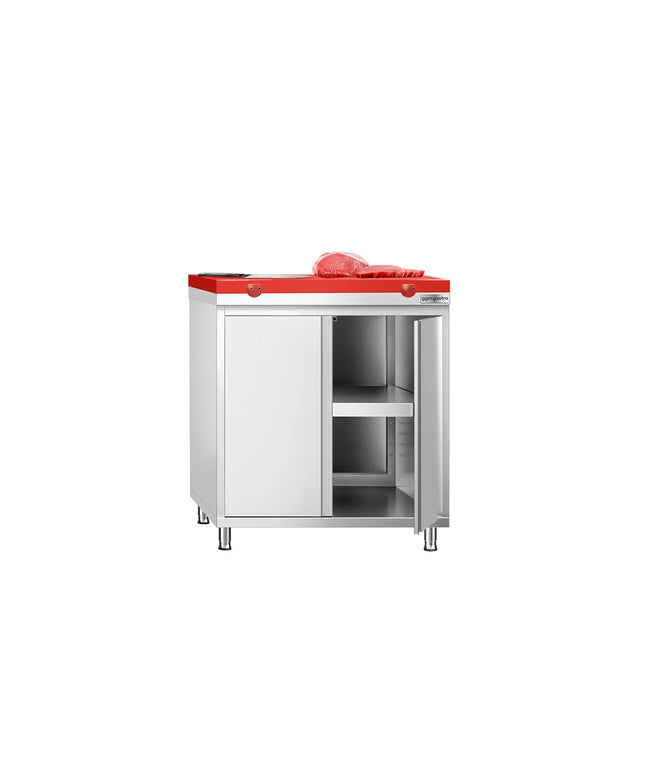 GGM Gastro Stainless Steel Floor Cupboard PREMIUM - for raw meat - 800x600mm - with Hinged Doors - incl. Chopping Board Red