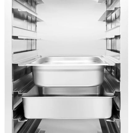 GGM Gastro Stainless Steel Gastronorm Racking Trolley - 14-Level - for 14 x GN 1/1 Trays - with low-noise braked castors