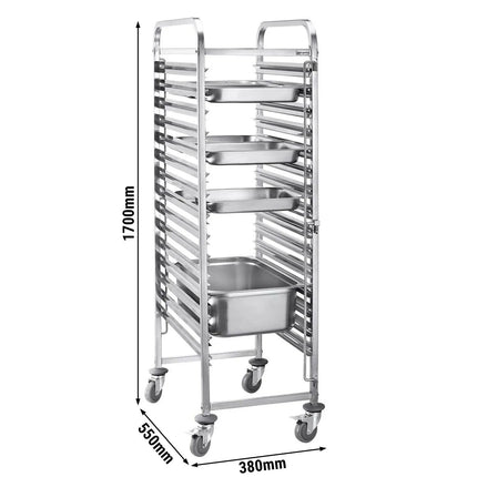 GGM Gastro Stainless Steel Gastronorm Racking Trolley - 16-Level - for 16 x GN 1/1 Trays - with low-noise braked castors