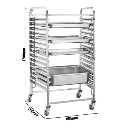 GGM Gastro Stainless Steel Gastronorm Racking Trolley - 16-Level - for 16 x GN 2/1 Trays - with low-noise braked castors