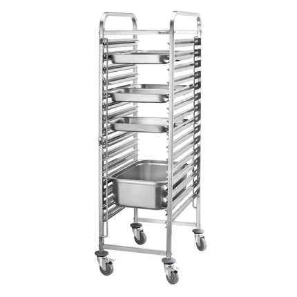 GGM Gastro Stainless Steel Gastronorm Racking Trolley - 16-Level - for 16 x GN 1/1 Trays - with low-noise braked castors