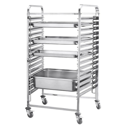 GGM Gastro Stainless Steel Gastronorm Racking Trolley - 16-Level - for 16 x GN 2/1 Trays - with low-noise braked castors