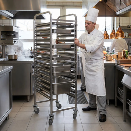 GGM Gastro Stainless Steel Gastronorm Racking Trolley - 20-Level - for 20 x GN 2/1 Trays - with low-noise braked castors