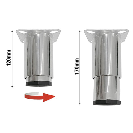 GGM Gastro Stainless steel leg - with plastic glide - 85x85mm - Length: 120-170mm - for Refrigerated Worktable (KTS), Refrigerated pizza prep counter (POS), Commercial fridges (KG), Commercial freezers (TS & TG)