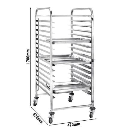 GGM Gastro Stainless Steel Patisserie Tray Racking Trolley - 15-Level - for 15 x 600x400mm Trays - with low-noise braked castors