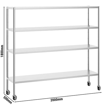 GGM Gastro Stainless Steel Shelving Unit PREMIUM - 2000x500mm - with 4 shelves (ADJUSTABLE) - incl. 4 wheels