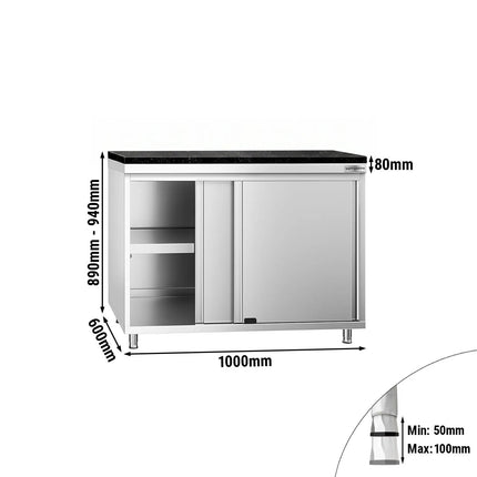GGM Gastro Stainless Steel Work Cabinet PREMIUM - 1000x600mm - with sliding door - incl. granite worktop