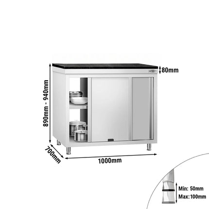 GGM Gastro Stainless Steel Work Cabinet PREMIUM - 1000x700mm - mit Durchreiche - incl. granite worktop