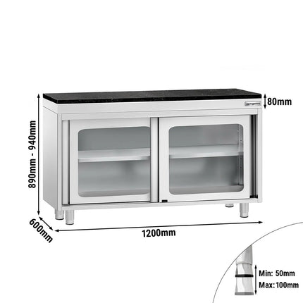 GGM Gastro Stainless Steel Work Cabinet PREMIUM - 1200x600mm - with glass sliding door - incl. granite worktop