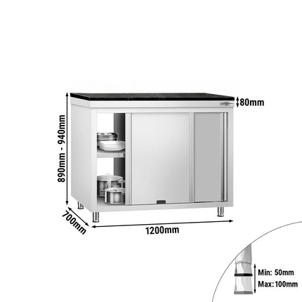 GGM Gastro Stainless Steel Work Cabinet PREMIUM - 1200x700mm - mit Durchreiche - incl. granite worktop