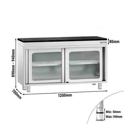 GGM Gastro Stainless Steel Work Cabinet PREMIUM - 1200x700mm - with glass sliding door - incl. granite worktop
