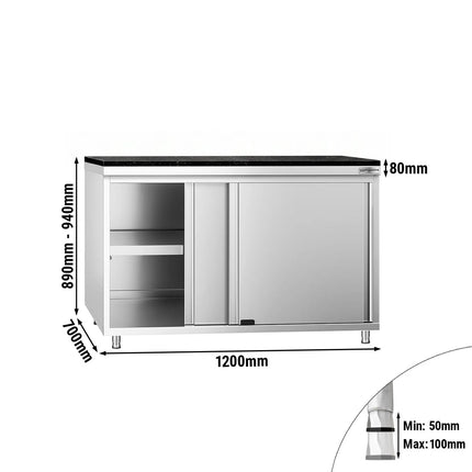 GGM Gastro Stainless Steel Work Cabinet PREMIUM - 1200x700mm - with sliding door - incl. granite worktop