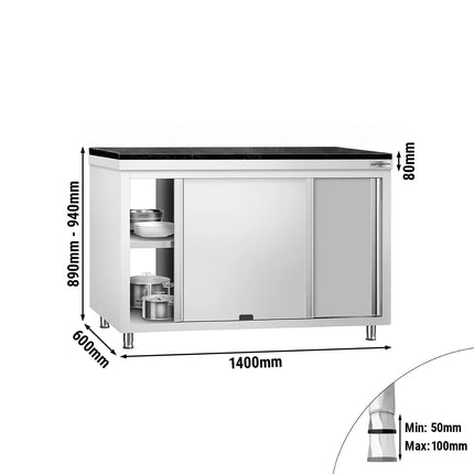 GGM Gastro Stainless Steel Work Cabinet PREMIUM - 1400x600mm - mit Durchreiche - incl. granite worktop