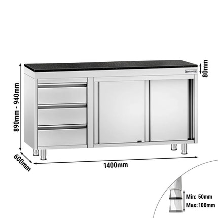 GGM Gastro Stainless Steel Work Cabinet PREMIUM - 1400x600mm - with 3 drawers on the left - incl. granite worktop