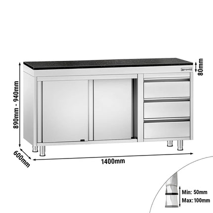 GGM Gastro Stainless Steel Work Cabinet PREMIUM - 1400x600mm - with 3 drawers on the right - incl. granite worktop