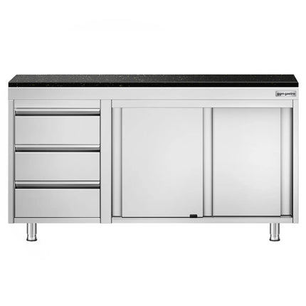 GGM Gastro Stainless Steel Work Cabinet PREMIUM - 1400x600mm - with 3 drawers on the left - incl. granite worktop