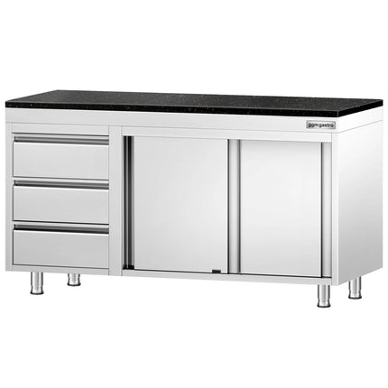 GGM Gastro Stainless Steel Work Cabinet PREMIUM - 1400x600mm - with 3 drawers on the left - incl. granite worktop