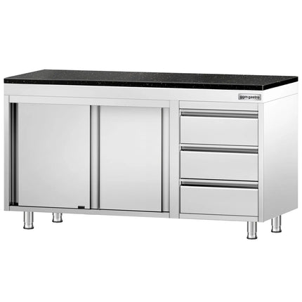 GGM Gastro Stainless Steel Work Cabinet PREMIUM - 1400x600mm - with 3 drawers on the right - incl. granite worktop