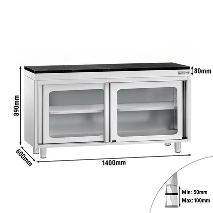 GGM Gastro Stainless Steel Work Cabinet PREMIUM - 1400x600mm - with glass sliding door - incl. granite worktop