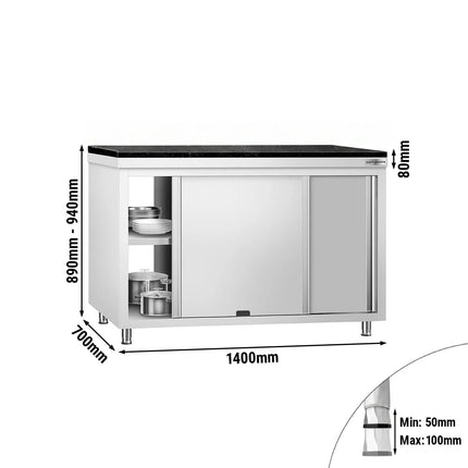GGM Gastro Stainless Steel Work Cabinet PREMIUM - 1400x700mm - mit Durchreiche - incl. granite worktop