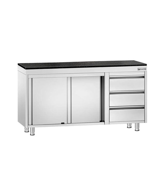 GGM Gastro Stainless Steel Work Cabinet PREMIUM - 1400x700mm - with 3 drawers on the right - incl. granite worktop